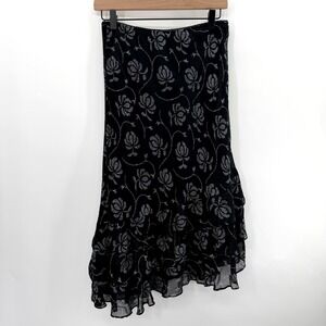 Vintage Y2K Fairy Midi Ruffle Bias Cut Skirt in Black White Floral Size 4